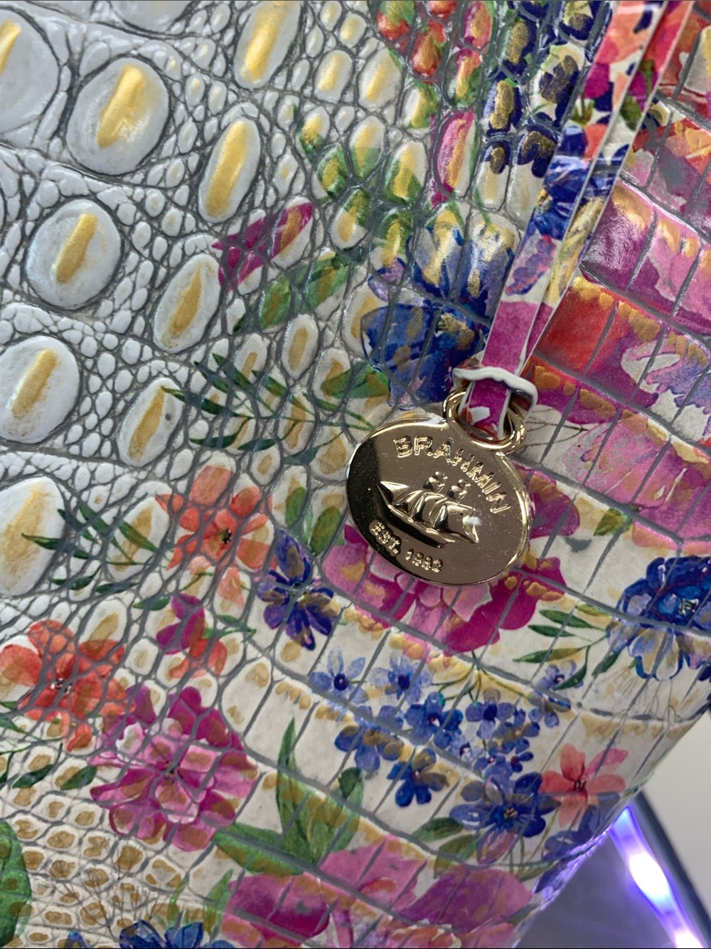 Brahmin White Croc-Embossed Floral Tote with Pink, Purple & Blue Accents - Picture 2 of 7